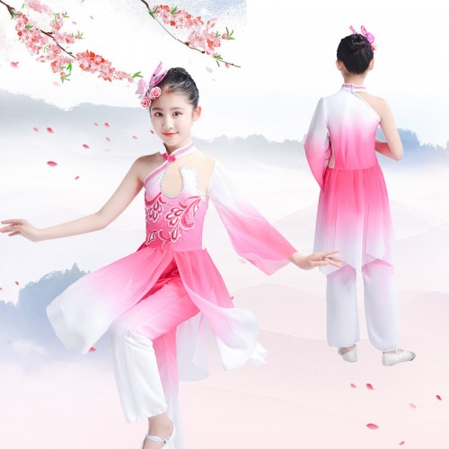 Girls pink flowers chinese folk dance costumes children ancient traditional classical fairy umbrella fan yangko dance dress